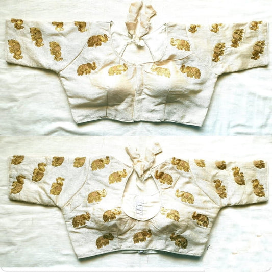Comely Off White & Chiku Fentam Silk Zari Thread Work Latest Readymade Blouse Desgin