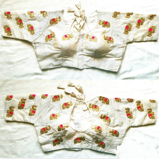 Pretty Off White & Rani Silk With Thread Zari Work Latest Readymade Blouse Desgin