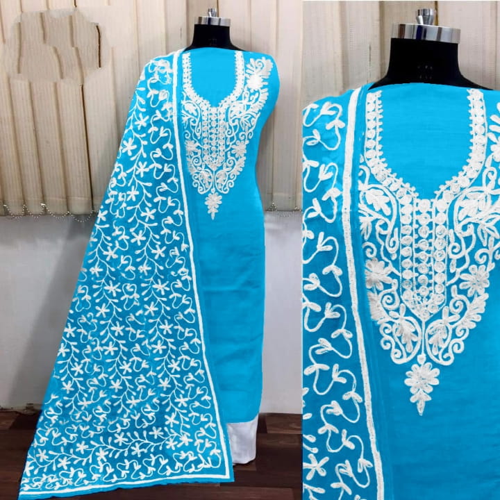 Radiant Sky Blue Silk With Aari Work Salwar Suit