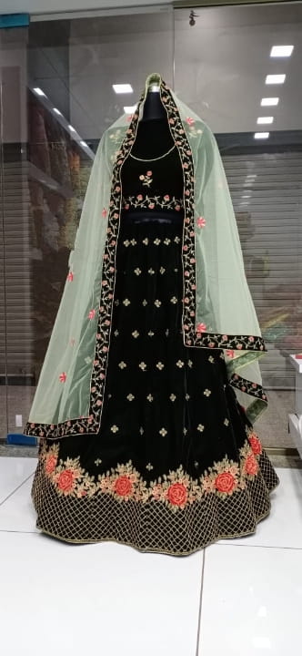 Charming Dark Green Velvet Embroidered Work Online Lehenga Choli Design