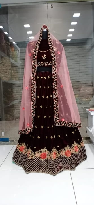 Alluring Maroon Velvet Embroidered Work Online Lehenga Choli Design