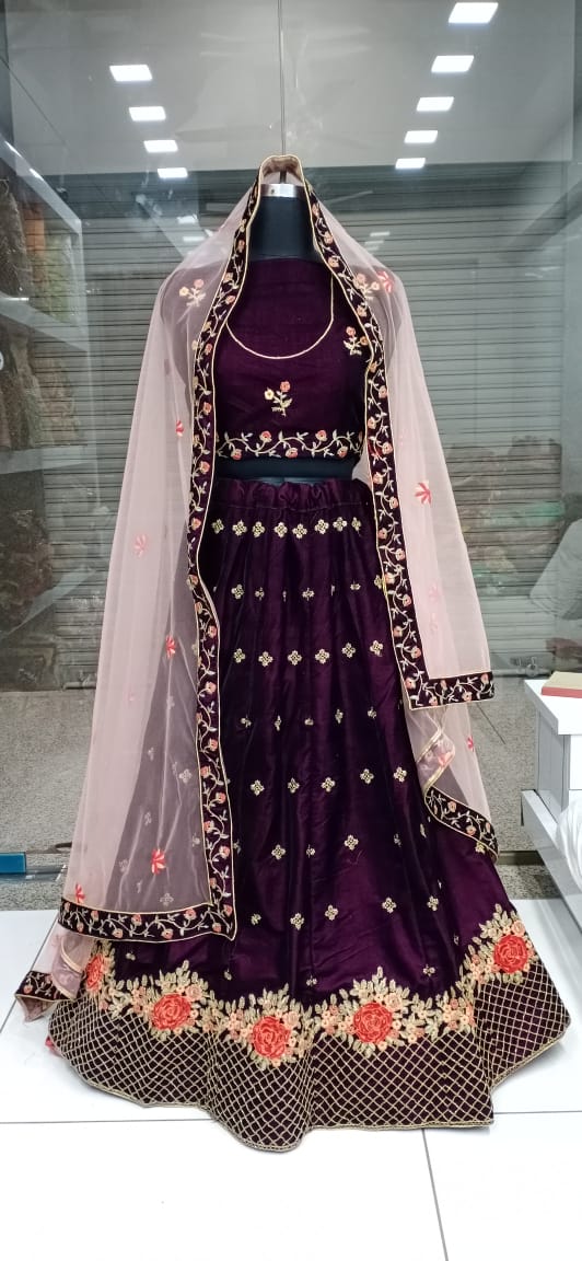 Exquisite Wine Velvet Embroidered Work Online Lehenga Choli Design
