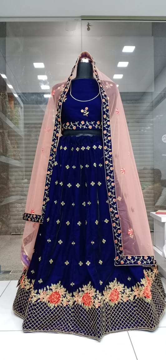 Gorgeous Royal Blue Embroidered Work Velvet Online Lehenga Choli Design