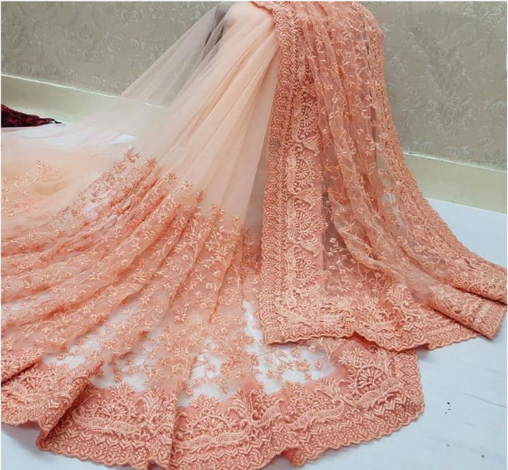 Fantastic Peach Nylon Net With Embroidered Work Designer Saree