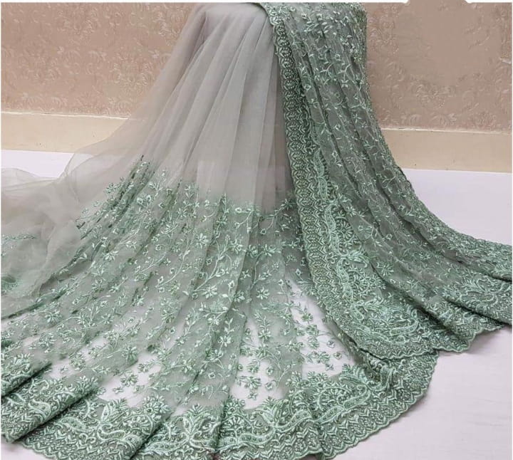 Tremendous Pista Green Nylon Net With Embroidered Work Designer Saree