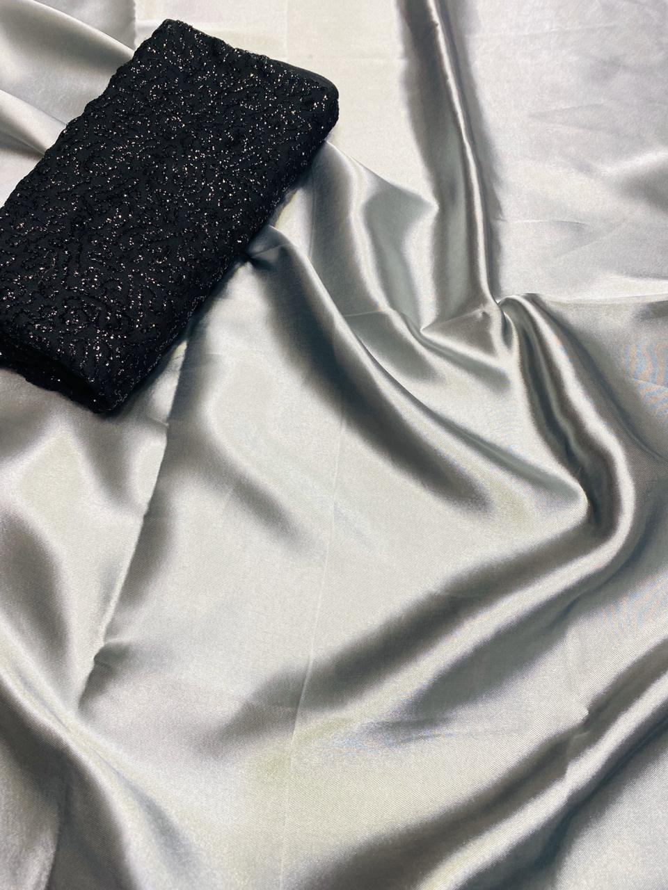 Sensational Grey Satin Silk Plain Party Wear Designer Saree