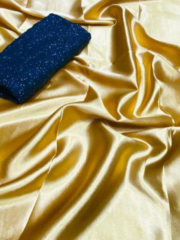 Radiant Golden Satin Silk Plain Party Wear Designer Saree