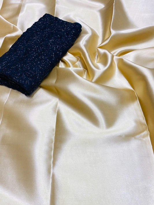 Striking Cream Satin Silk Plain Party Wear Designer Saree