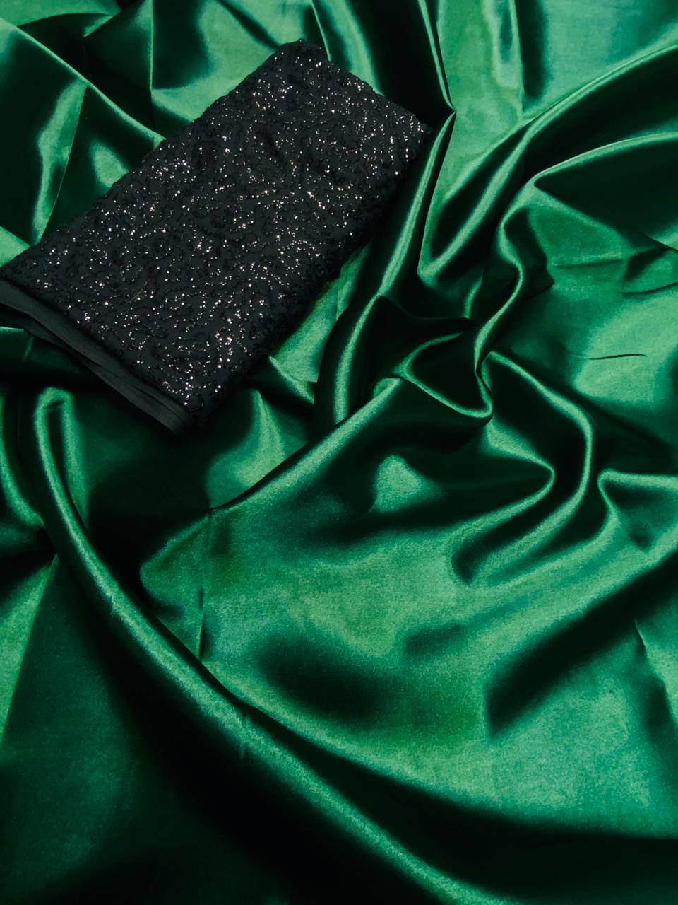 Dazzling Green Satin Silk Plain Party Wear Designer Saree