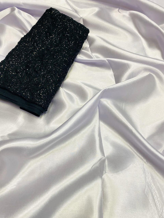 Wonderful White Satin Silk Plain Party Wear Designer Saree