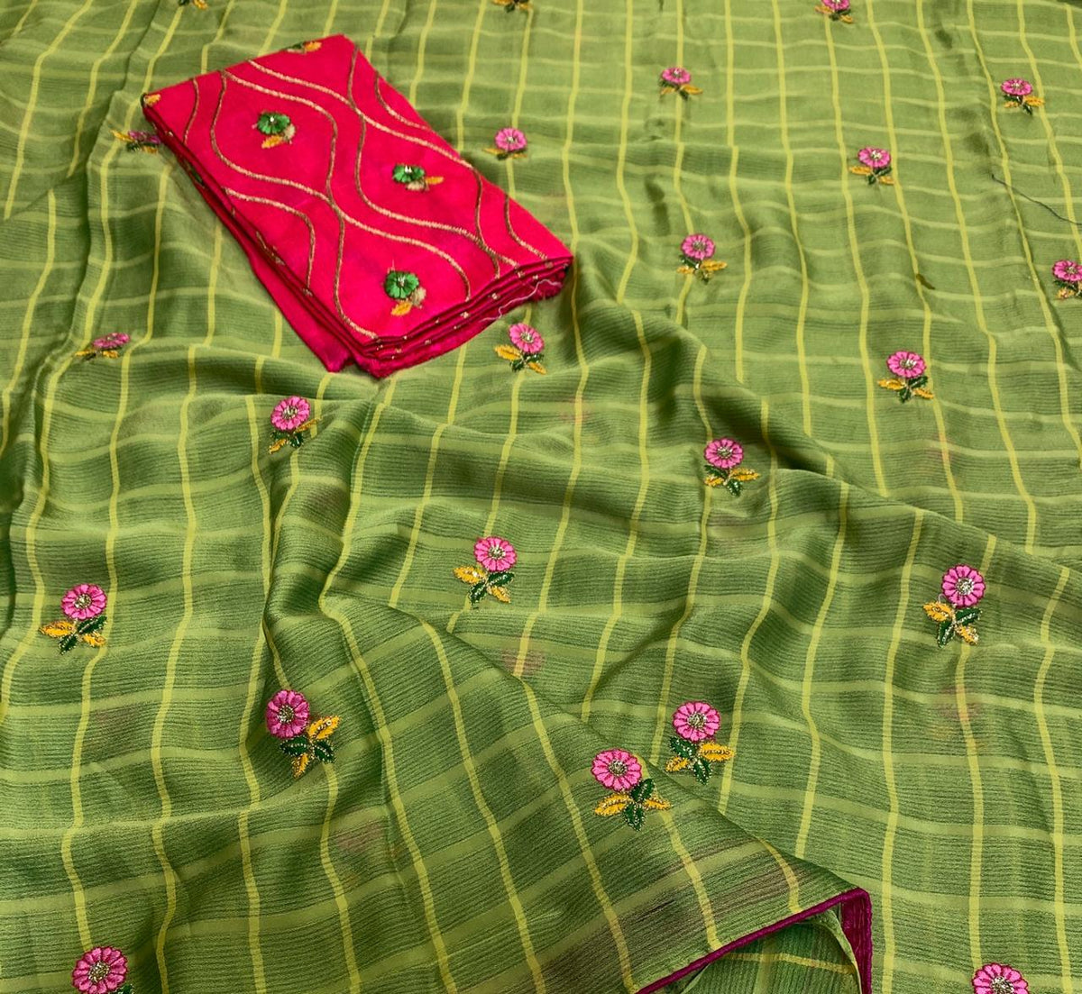 Magnificent Green & Rani Georgette Chex With Embroidered Work Designer Saree