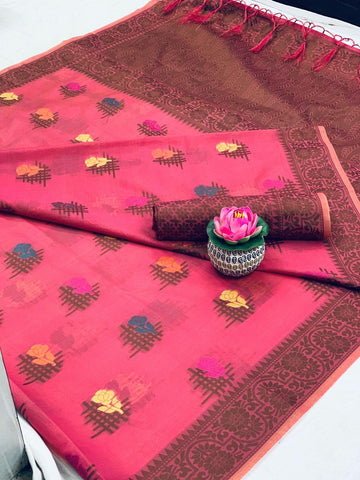 Exquisite Pink Cotton With All Over Weaving Designer Saree