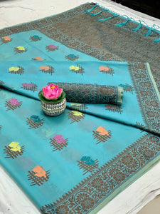 Gorgeous Sky Blue Cotton With All Over Weaving Designer Saree