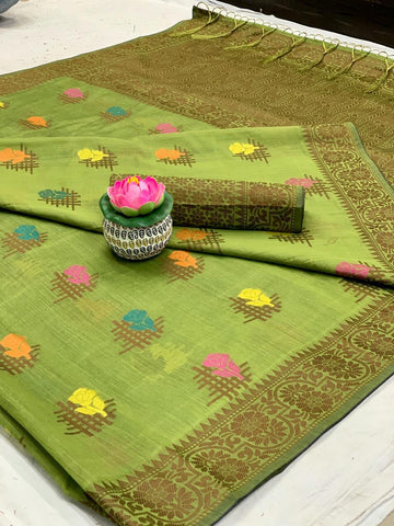 Amazeballs Mehendi Green Cotton All Over Weaving Designer Saree