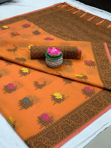 Knockout Orange Cotton With All Over Weaving Designer Saree
