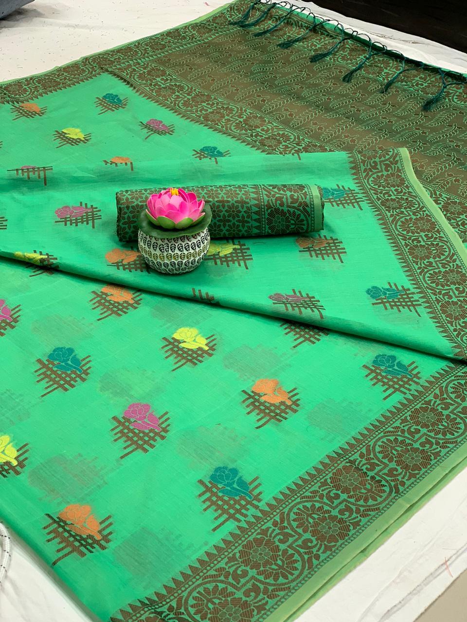 Bootylicious Rama Green Cotton All Over Weaving Designer Saree