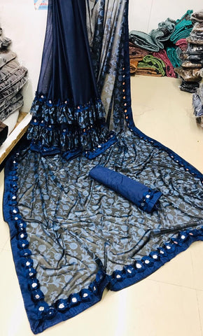 Fabulous Blue Ruffle Malai Tinpatti Mirror Work Border Designer Saree
