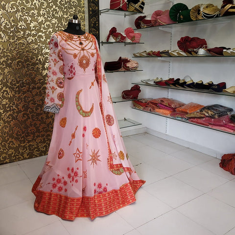 Comely Peach Georgette With Digital Printed Gown