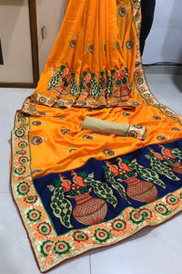 Devastating Mustard Vichitra Silk Embroidered Two Tone Work Designer Saree