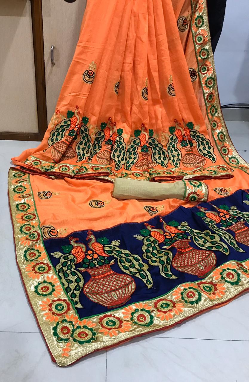 Magnificent Peach Silk With Embroidered Work Rich Pallu Designer Saree