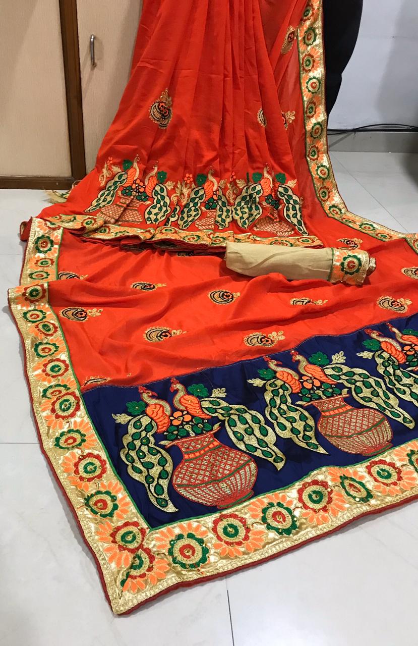 Captivating Orange Silk With Embroidered Work Rich Pallu Designer Saree