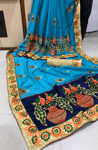 Bewitching Firozi Silk With Embroidered Work Rich Pallu Designer Saree