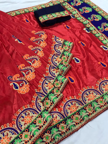 Exquisite Red Sana Silk With Embroidered Work Designer Saree