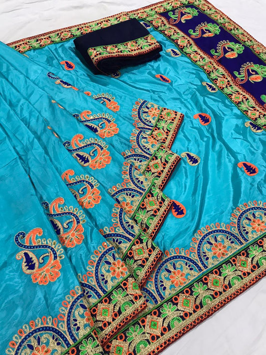 Knockout Firozi Silk With Embroidered Work Designer Saree