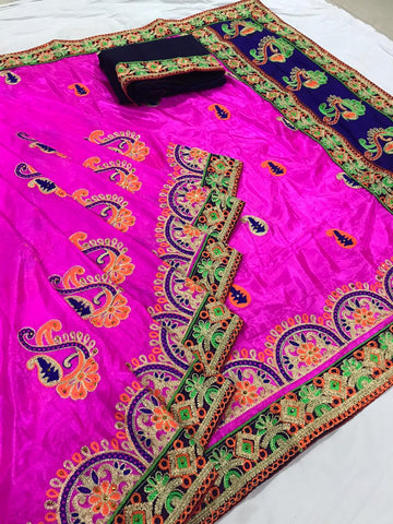 Smashing Rani Silk With Embroidered Work Designer Saree