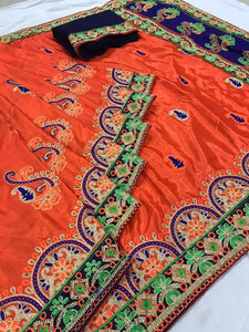 Beauteous Orange Silk With Embroidered Work Designer Saree
