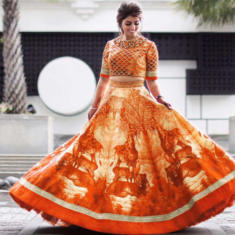Outstanding Orange Satin Silk With Digital Embroidered Work Online Lehenga Choli Design