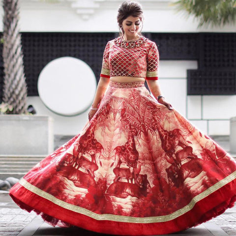 Amazing Red Satin Silk With Digital Embroidered Work Online Lehenga Choli Design