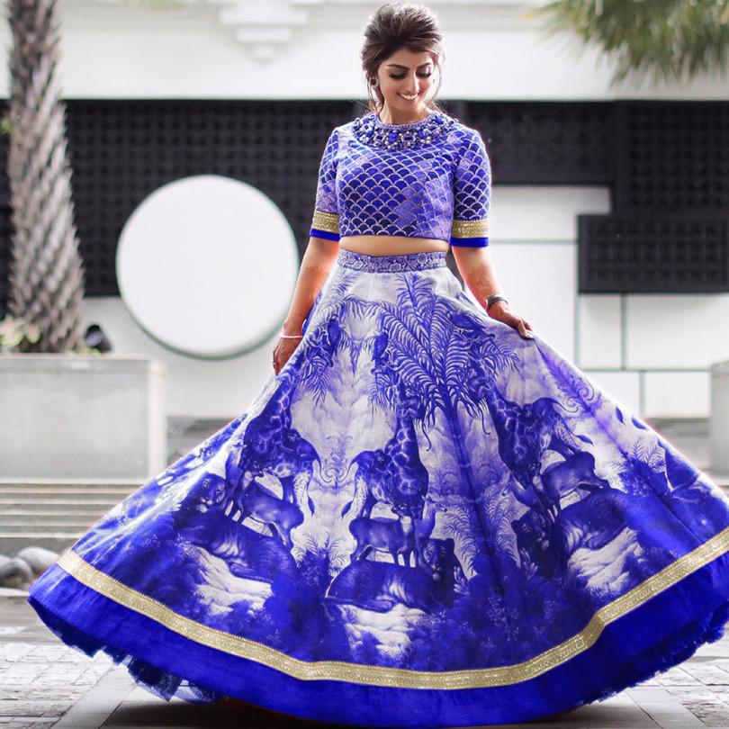 Splendid Royal Blue Satin Silk Digital Embroidered Work Online Lehenga Choli Design
