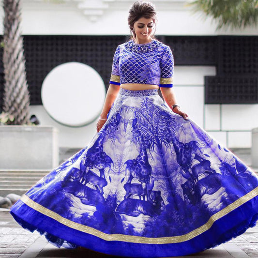 Splendid Royal Blue Satin Silk Digital Embroidered Work Online Lehenga Choli Design