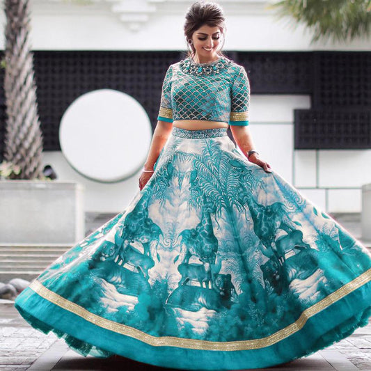 Imposing Firozi Satin Silk With Digital Embroidered Work Online Lehenga Choli Design