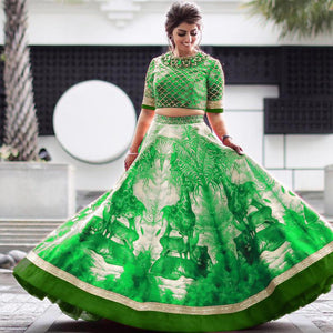 Breathtaking Green Satin Silk With Digital Embroidered Work Online Lehenga Choli Design