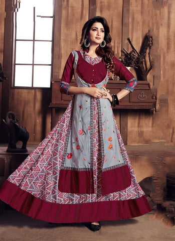 Wondrous Maroon & Grey Rayon Digital Printed Designer Gown for Women