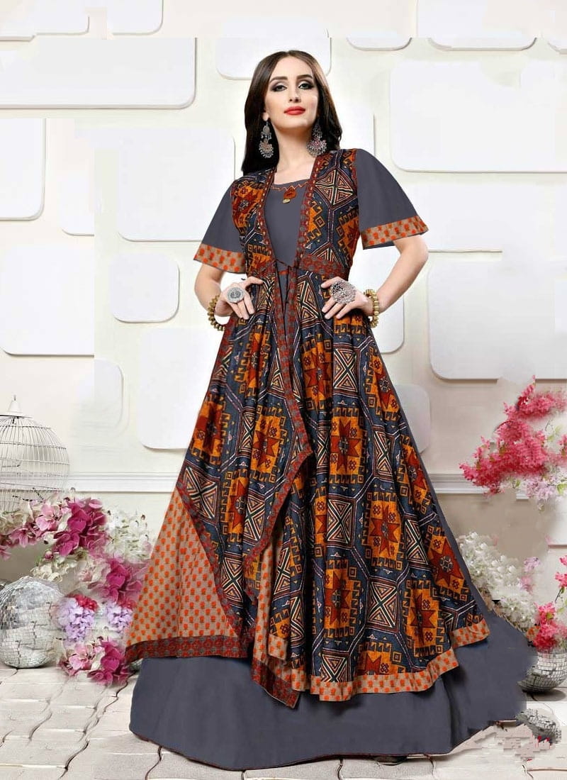 Beautiful Grey & Multi Colored Rayon Digital Printed Designer Gown for Women