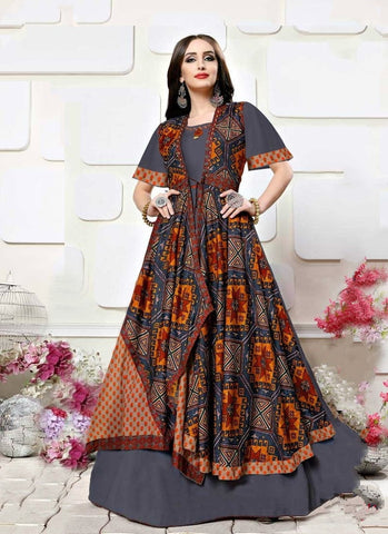 Beautiful Grey & Multi Colored Rayon Digital Printed Designer Gown for Women