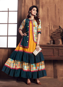 Attractive Rama & Mustard Rayon Digital Printed Designer Gown for Women