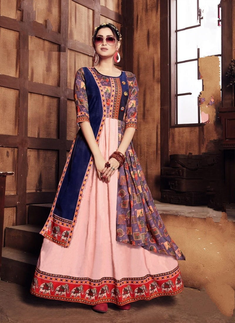 Lovely Peach & Royal Blue Rayon Digital Printed Gown for Women