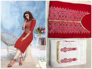 Pretty Red Rayon Cotton Printed Full Stitched Pent & Kurti for Women