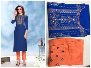 Sensational Royal Blue Cotton Rayon Printed Pent & Kurti for Women