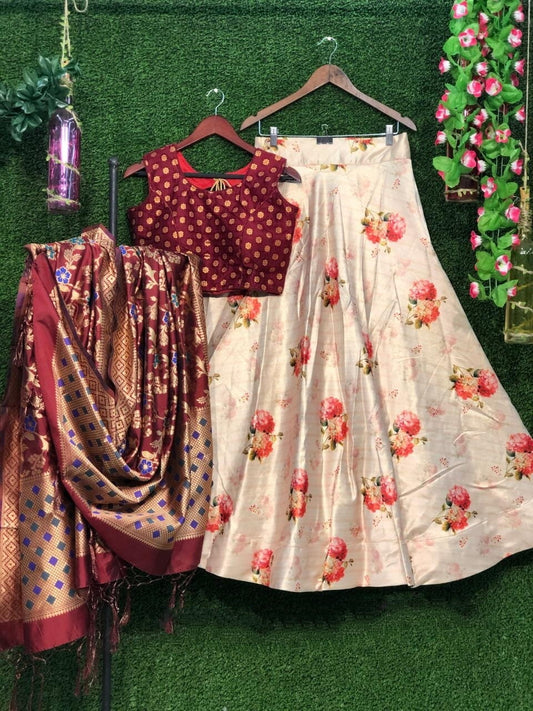 Striking Maroon & Cream Gotta Silk Digital Printed Lehenga Choli for Women
