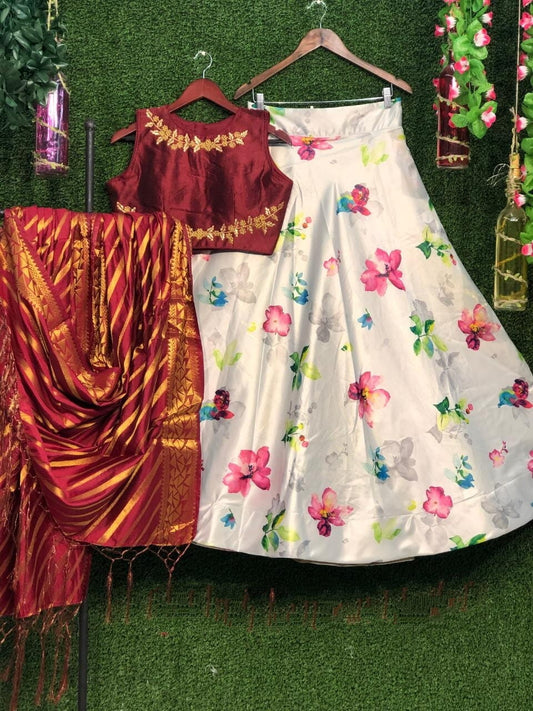 Dazzling White & Maroon Silk With Digital Printed Ready Made Lehenga Choli for Women