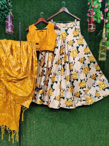 Devastating Yellow Silk With Digital Printed Lehenga Choli for Women