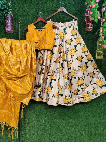 Devastating Yellow Silk With Digital Printed Lehenga Choli for Women