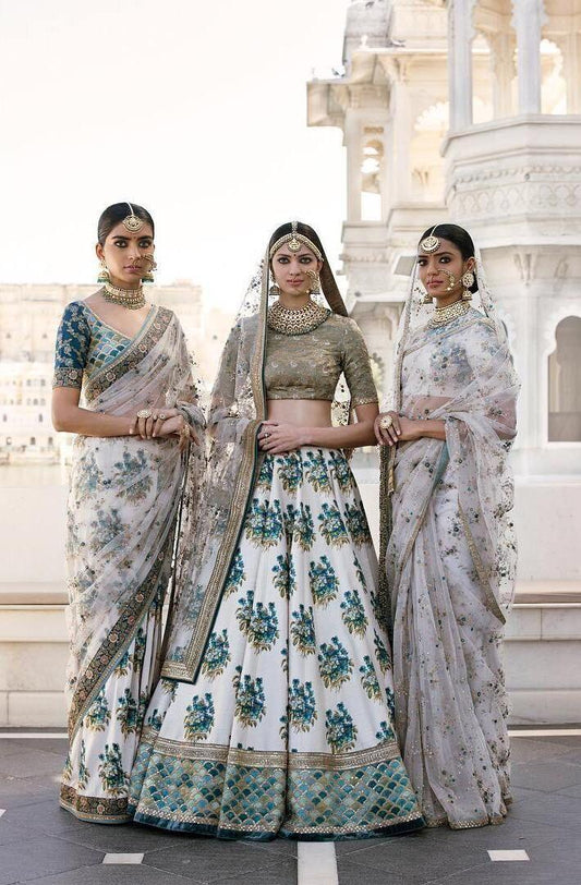 Wonderful Cream & Green Silk With Embroidered Work Lehenga Choli for Women