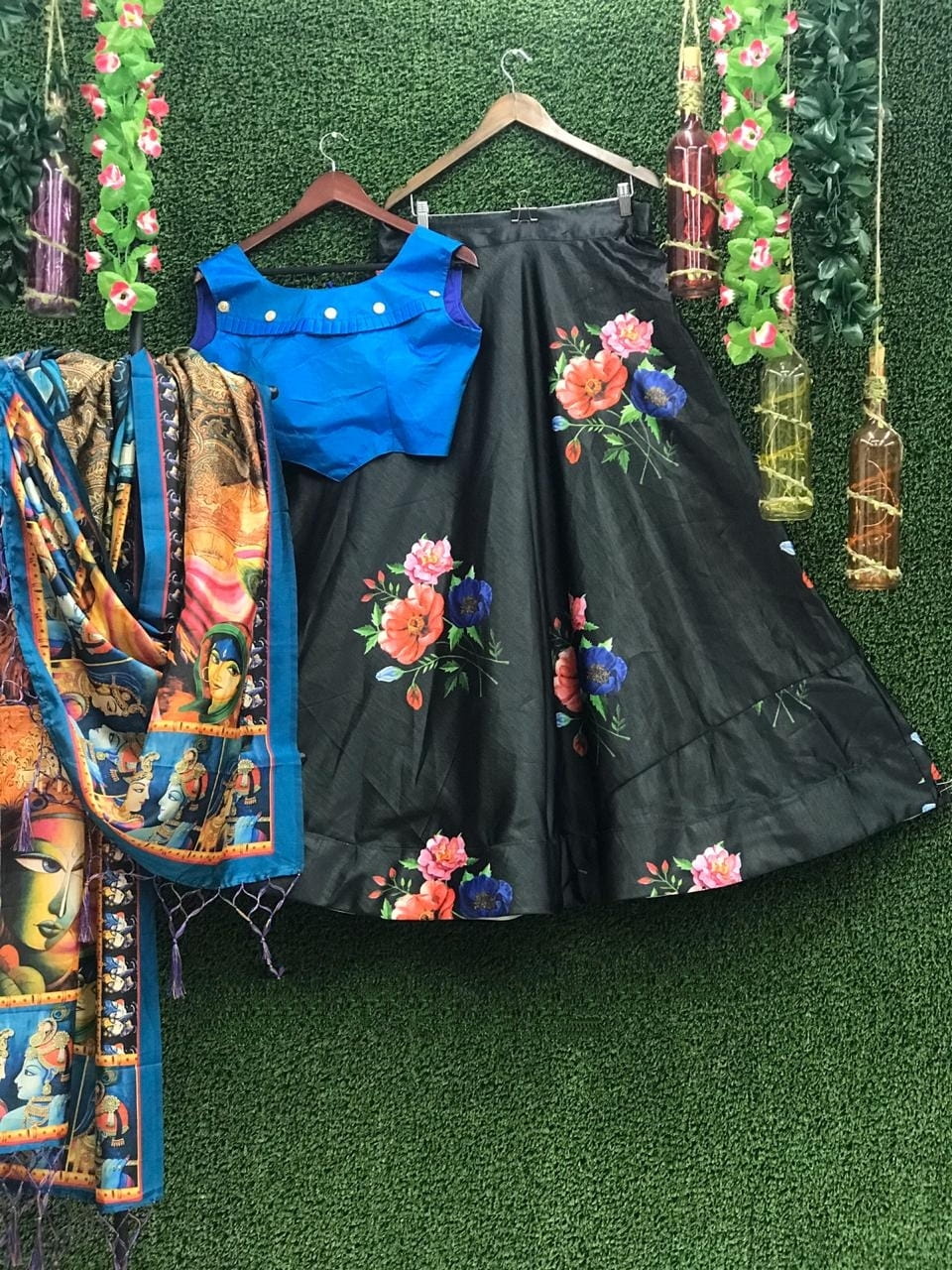 Glorious Blue & Black Silk With Printed Crop Top Lehenga Choli for Women