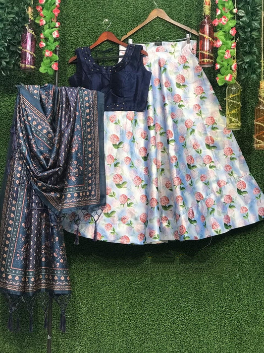 Navy Blue Silk With Printed Crop Top Lehenga Choli for Women Online